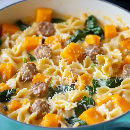 A vibrant bowl of pasta featuring roasted butternut squash and sausage, topped with a creamy sauce and wilted spinach.