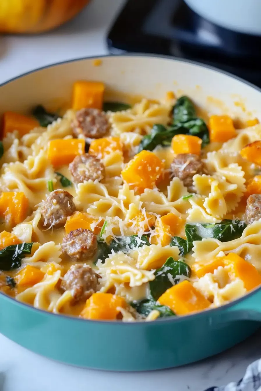 A vibrant bowl of pasta featuring roasted butternut squash and sausage, topped with a creamy sauce and wilted spinach.