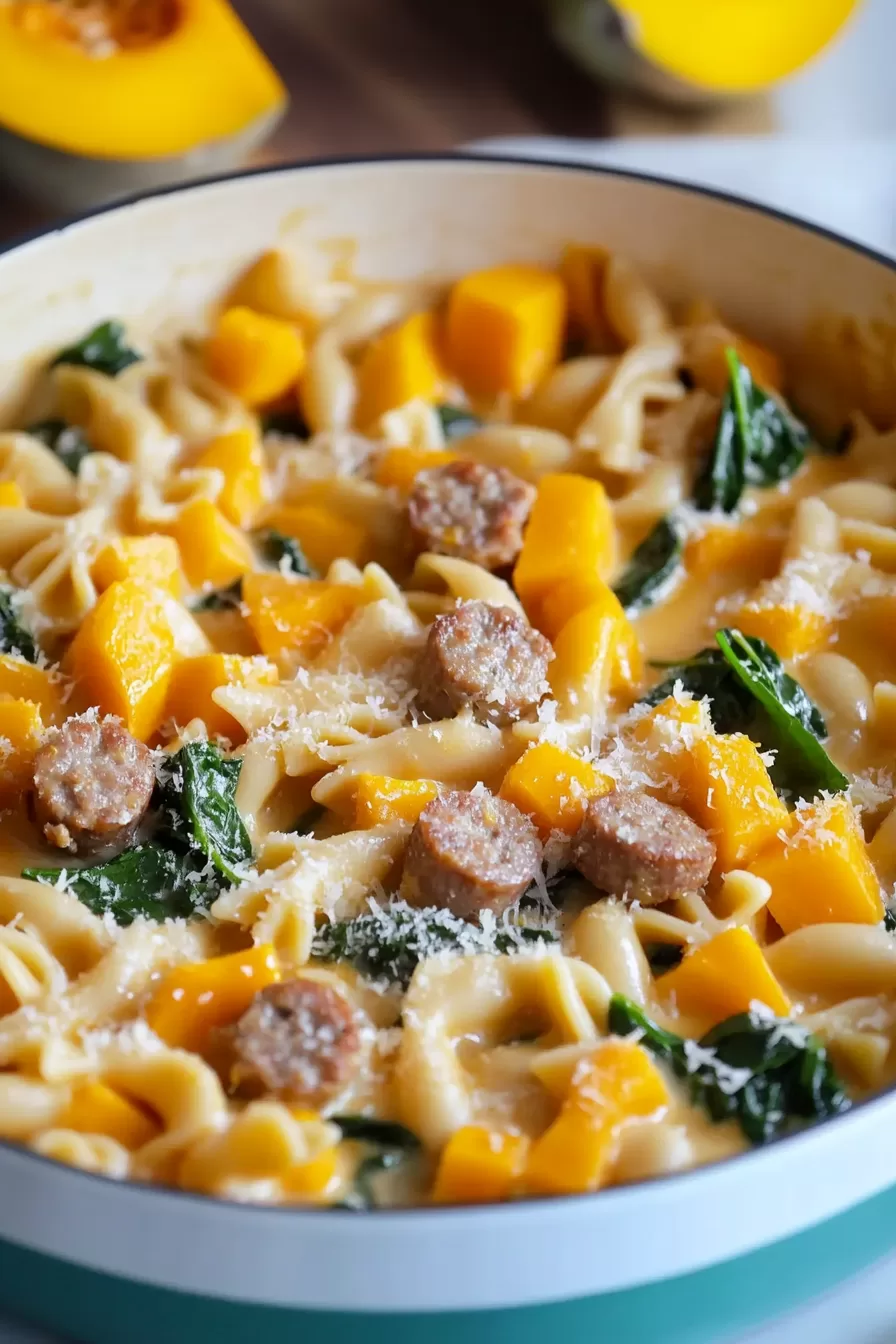 A comforting pasta recipe served with chunks of roasted squash, sausage, and spinach in a rich, creamy sauce.