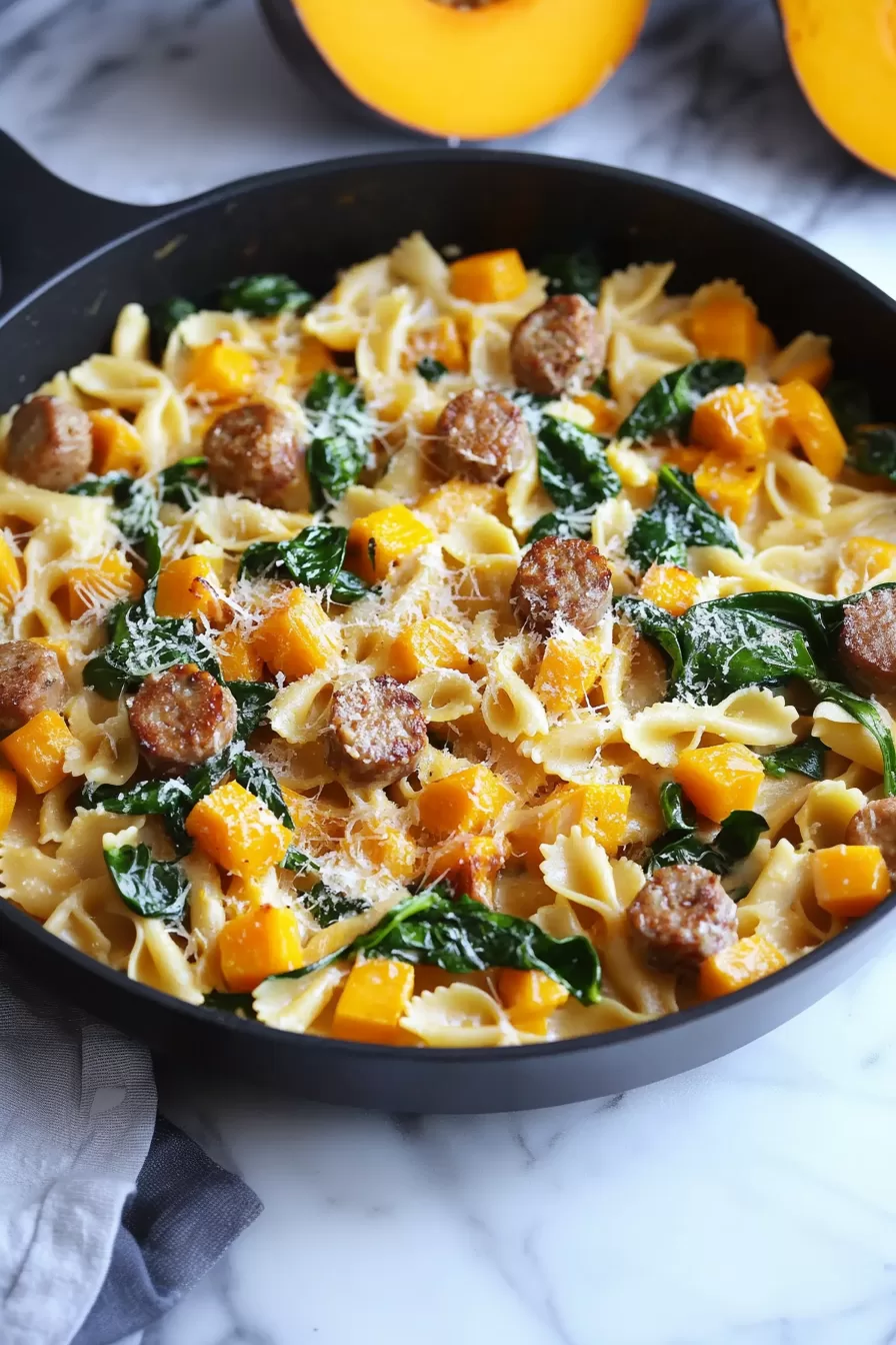 Creamy pasta in a skillet, highlighted by roasted butternut squash, spinach, and sausage, perfect for a cozy meal.