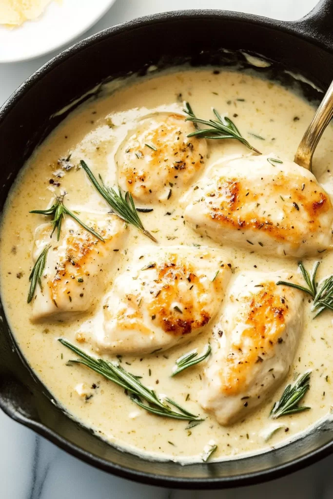 Close-up of golden chicken breasts simmering in a luxurious rosemary Dijon cream sauce.