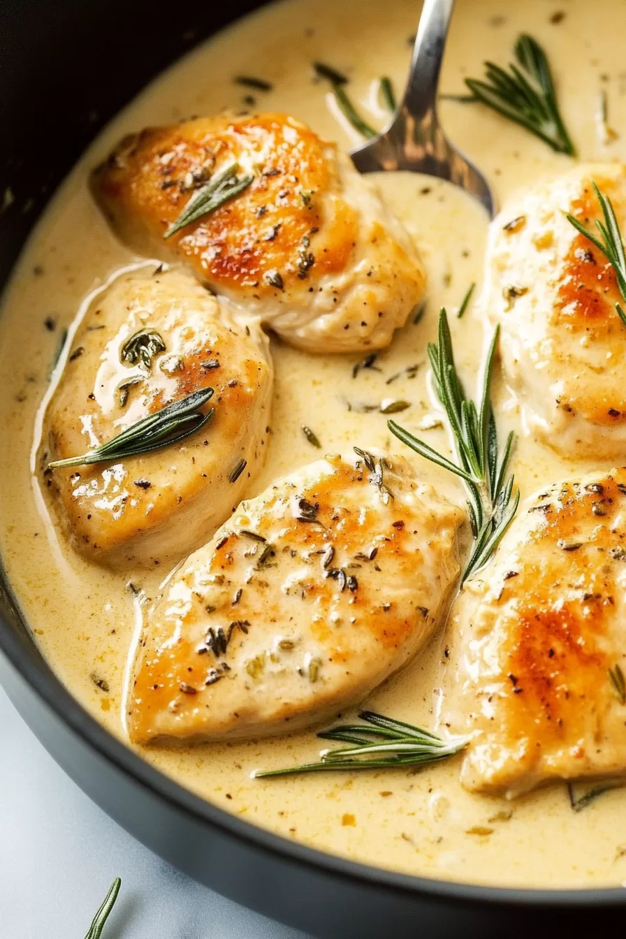 Skillet-seared chicken breasts in a creamy Dijon and rosemary sauce garnished with fresh rosemary sprigs.