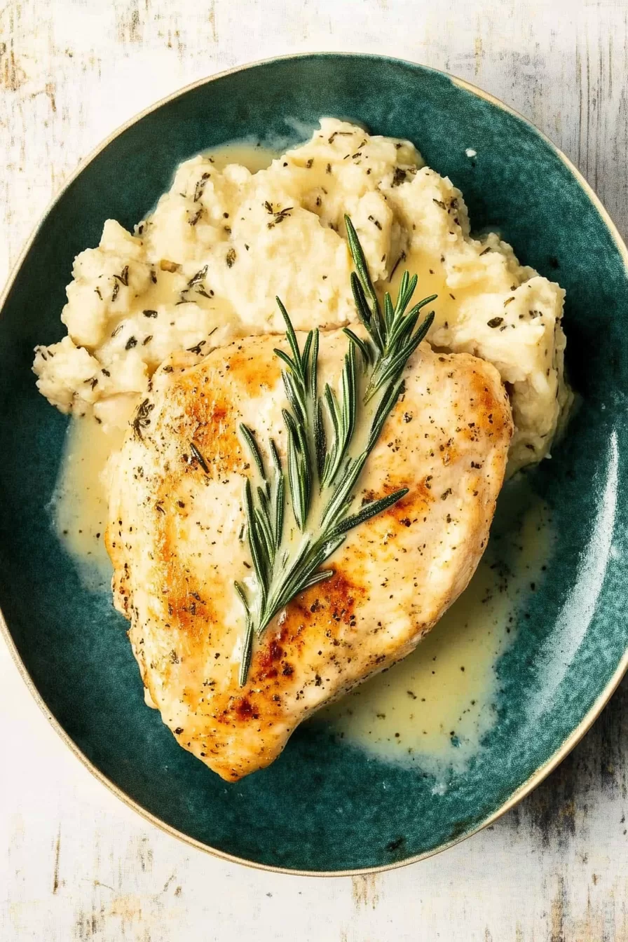 Plate of creamy rosemary Dijon chicken served with mashed potatoes and a sprig of fresh rosemary.