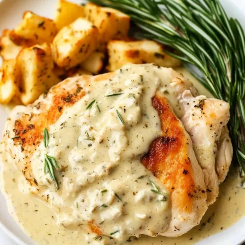 Chicken in creamy Dijon rosemary sauce plated with roasted potatoes and herb garnish.