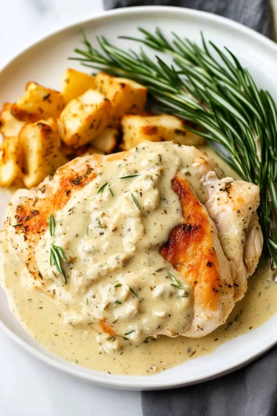 Chicken in creamy Dijon rosemary sauce plated with roasted potatoes and herb garnish.