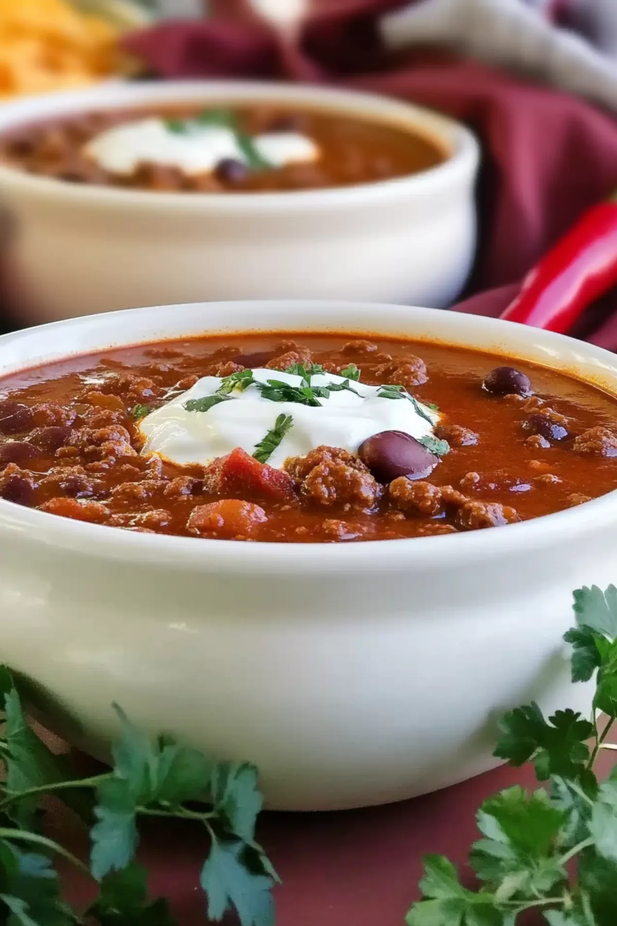 Rich and flavorful chili served in a white bowl with colorful toppings and a rustic background.