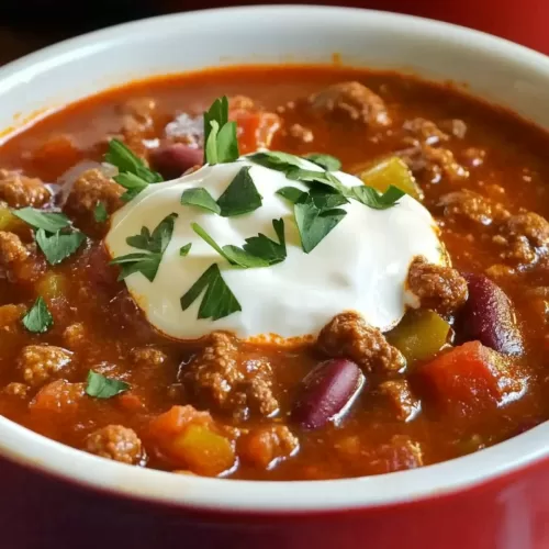 Close-up of a bowl of hearty chili with beans and ground beef, garnished with fresh cilantro.