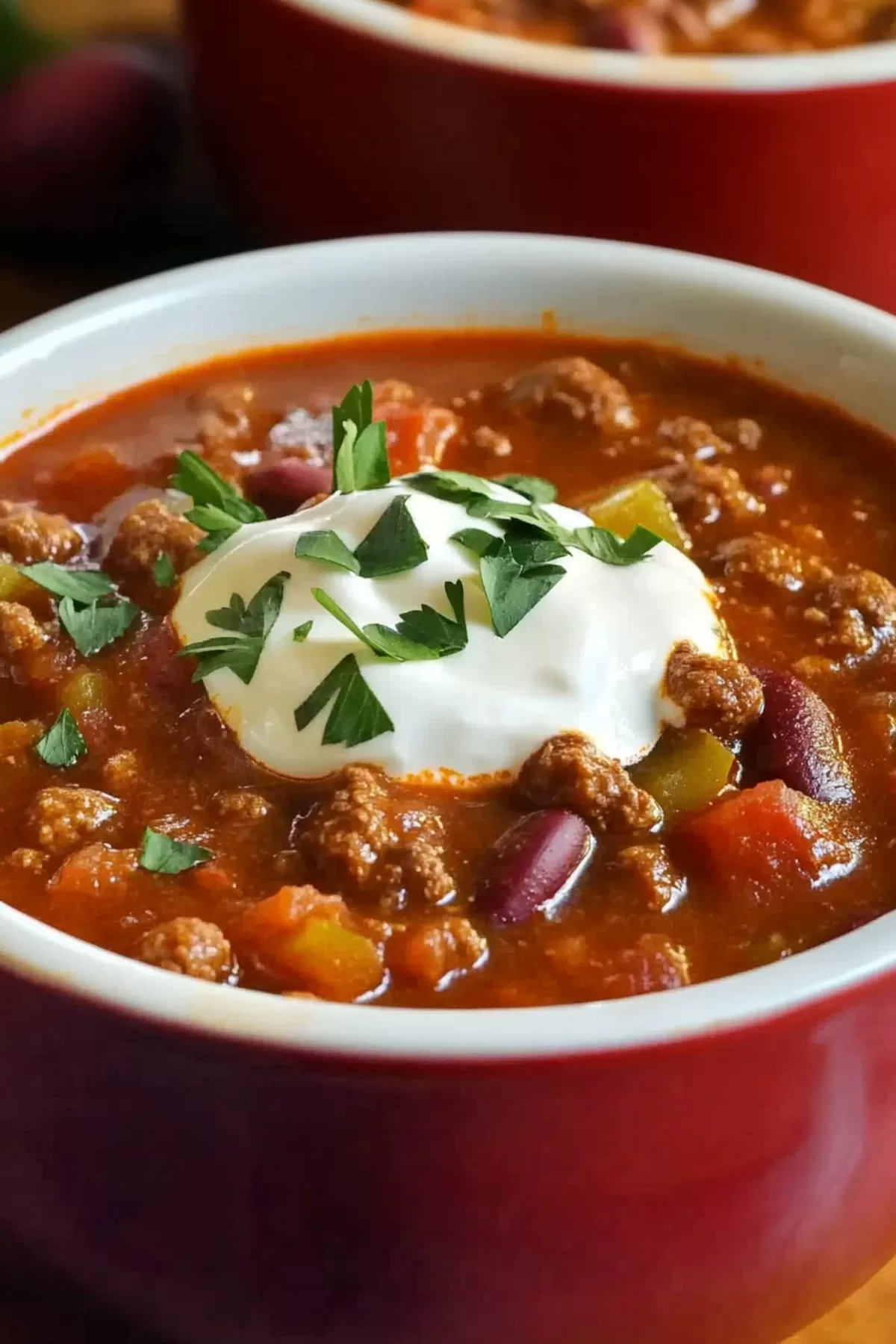 Close-up of a bowl of hearty chili with beans and ground beef, garnished with fresh cilantro.