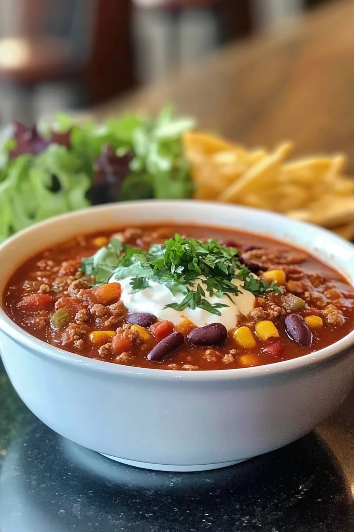 A comforting bowl of slow-cooked chili with kidney beans and ground meat, ready to serve.