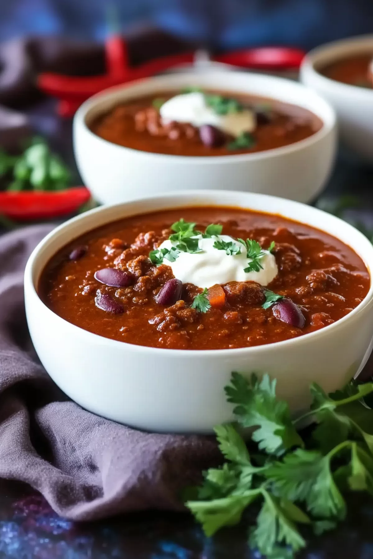 Thick, hearty chili with vibrant ingredients and a dollop of sour cream on top.