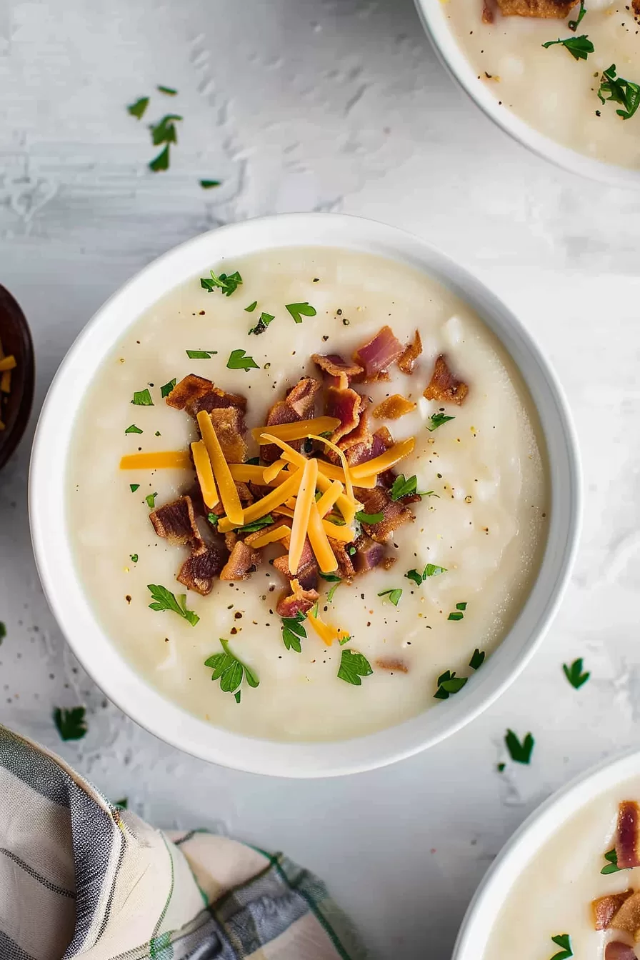 A bowl of rich, creamy potato soup topped with crispy bacon, shredded cheddar cheese, and fresh parsley.