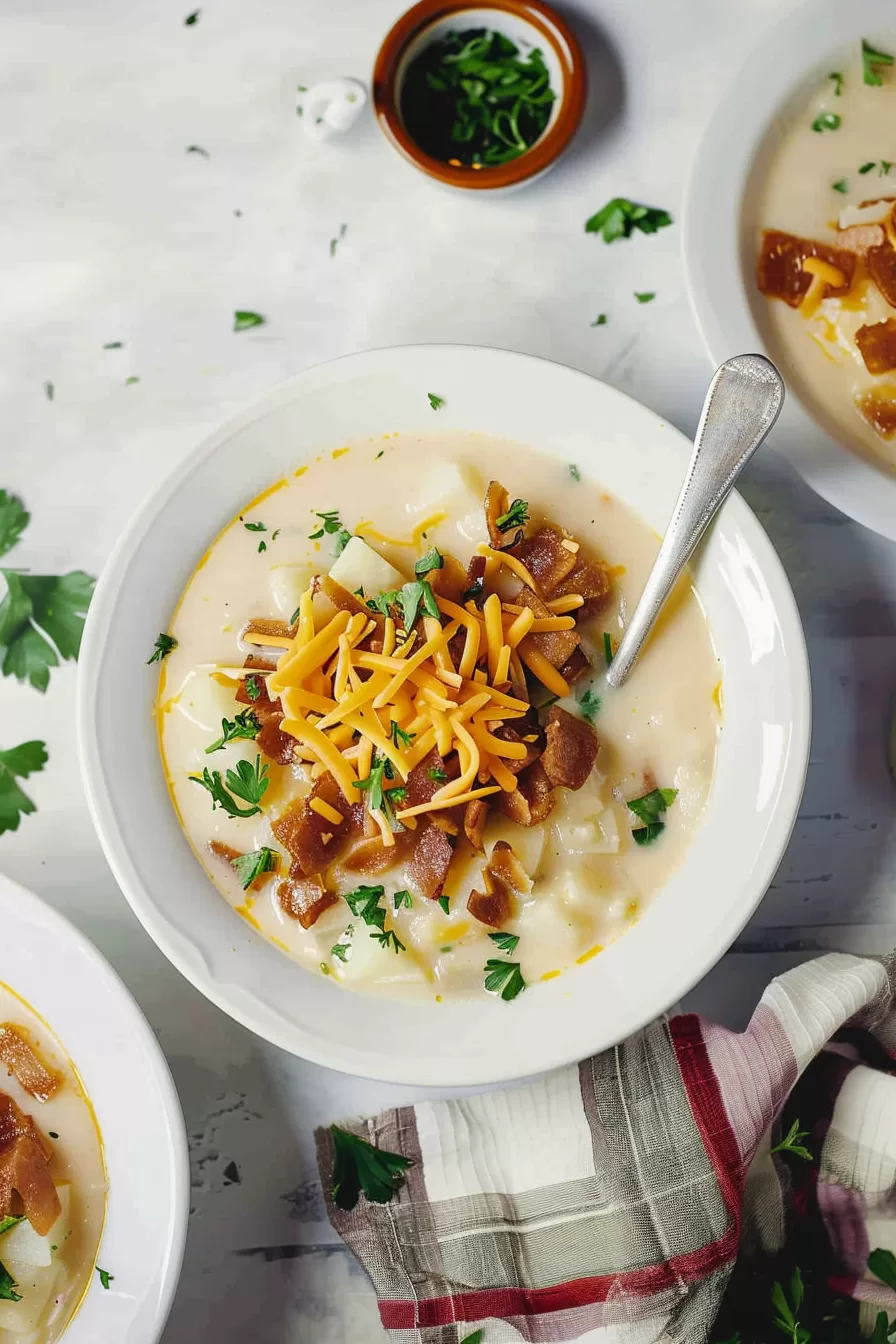 A close-up shot showcasing a comforting bowl of potato soup with generous toppings of bacon, cheese, and a sprinkle of green onions.