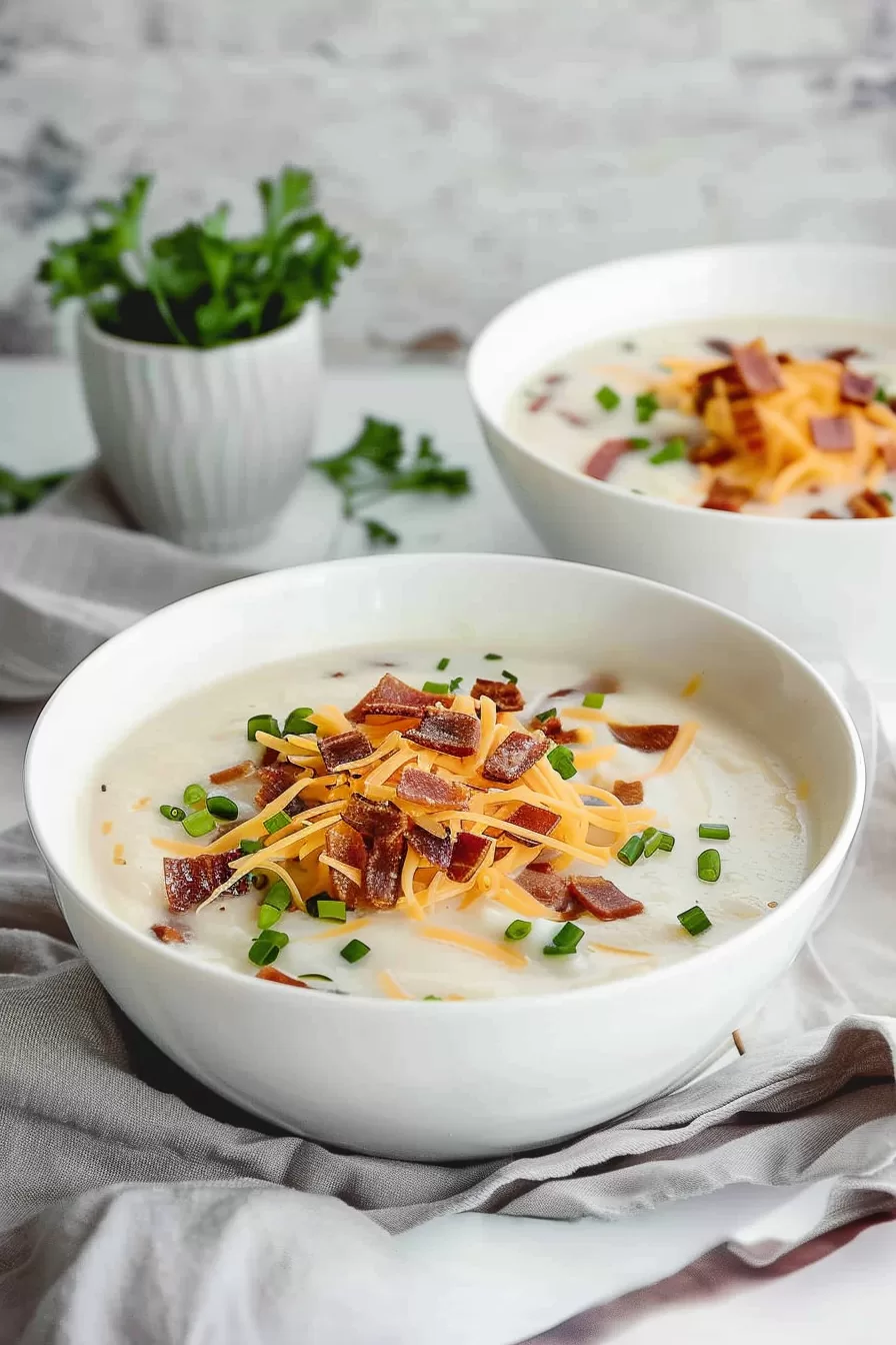 A beautifully styled photo of potato soup served in a white bowl, garnished with fresh herbs and surrounded by cozy kitchen linens.