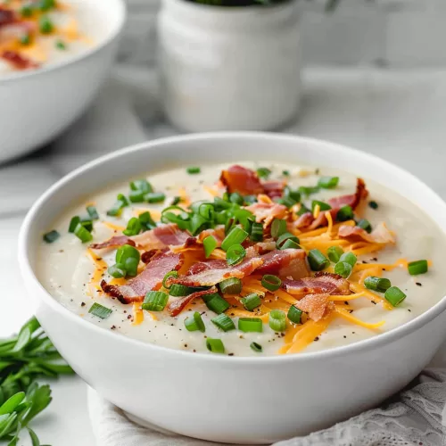 A bowl of loaded baked potato soup with a perfect balance of creamy potatoes and flavorful toppings, ready to enjoy.