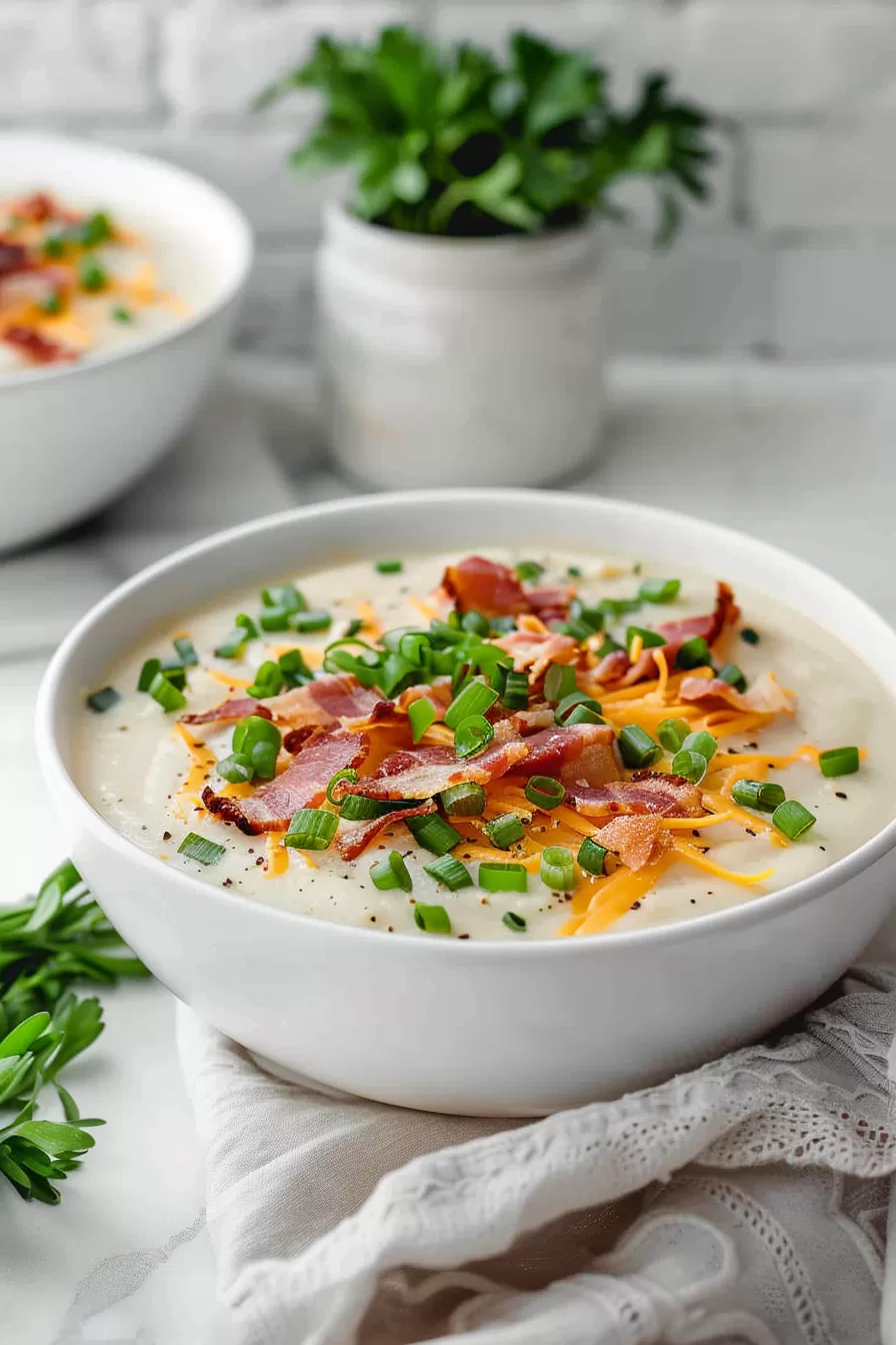 A bowl of loaded baked potato soup with a perfect balance of creamy potatoes and flavorful toppings, ready to enjoy.