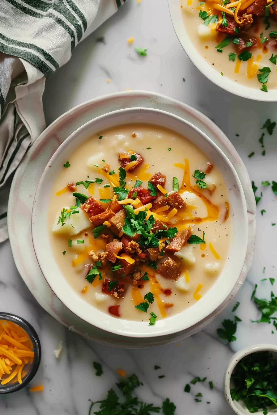 A table setting featuring multiple bowls of potato soup with bacon and cheese, creating a warm, inviting meal atmosphere.