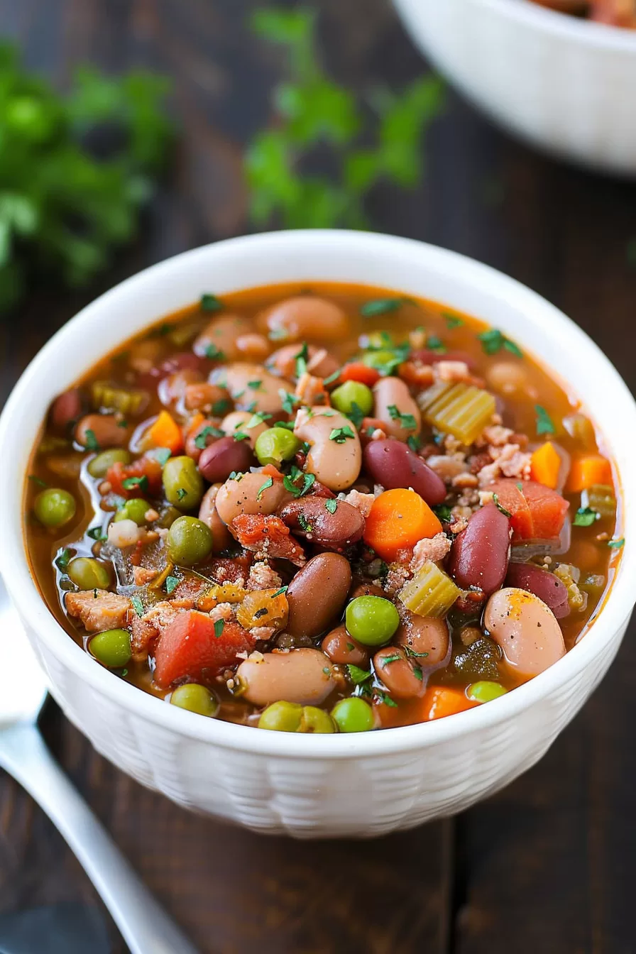 Close-up of rich and comforting bean soup garnished with fresh parsley.