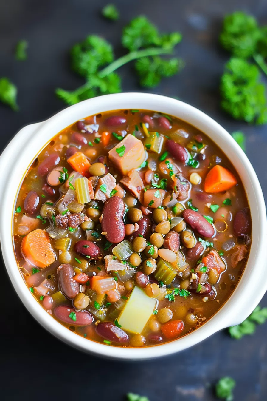 A vibrant bowl of hearty bean soup with colorful vegetables, perfect for a cozy meal.