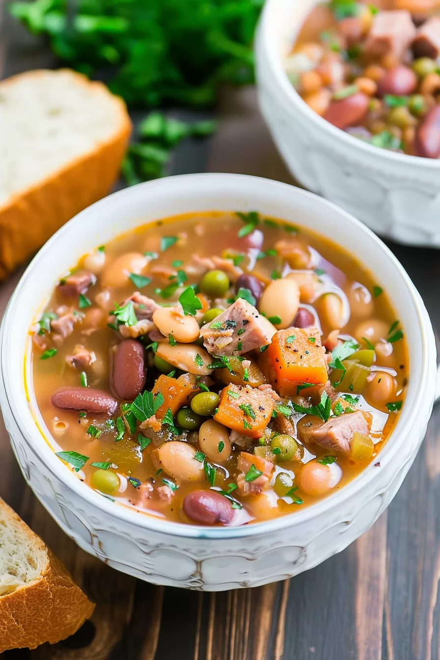 Rustic bowl of slow-cooked bean soup paired with crusty bread for a wholesome lunch.