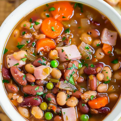 Top view of a flavorful bean soup, showcasing a blend of beans, carrots, and celery.