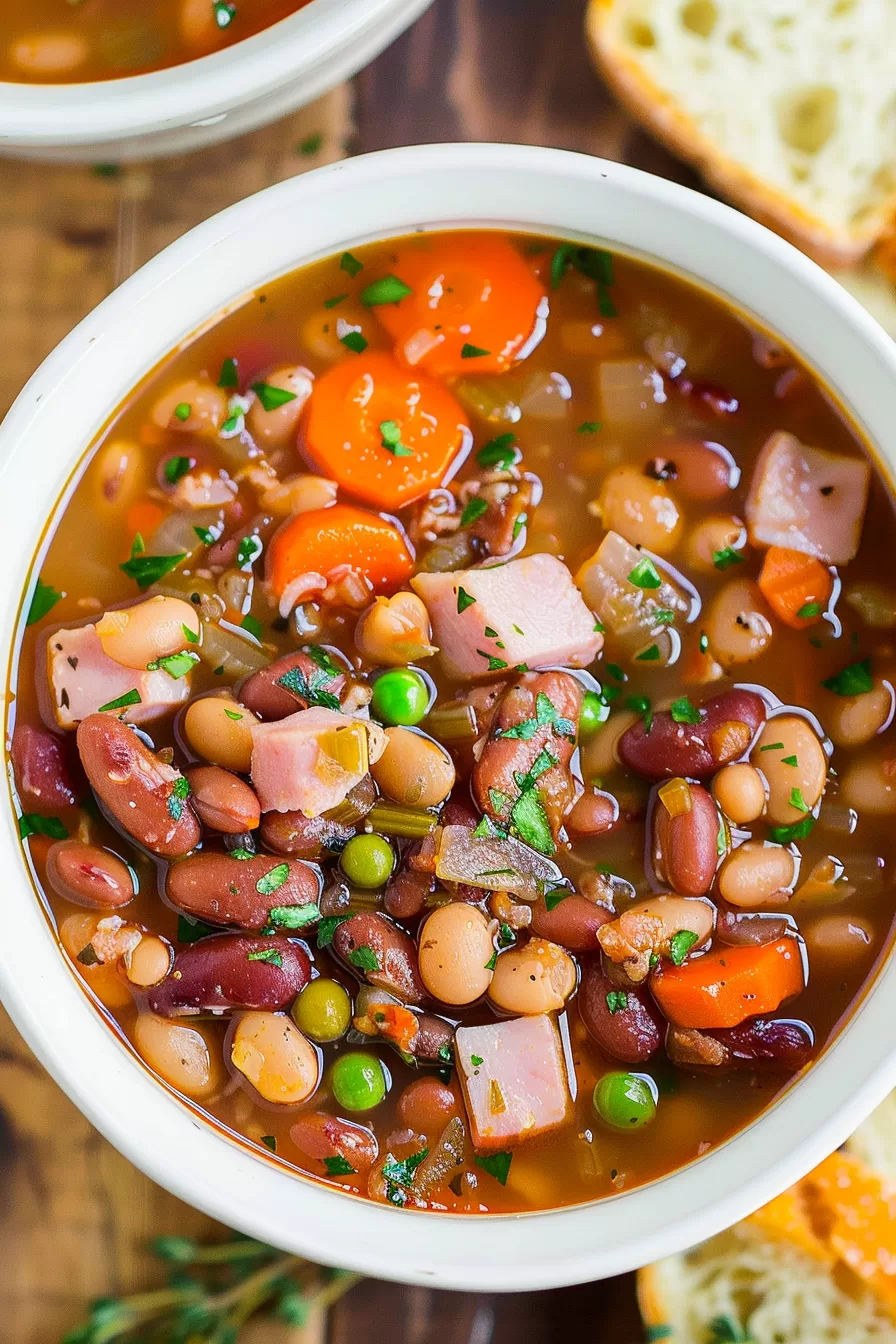 Top view of a flavorful bean soup, showcasing a blend of beans, carrots, and celery.