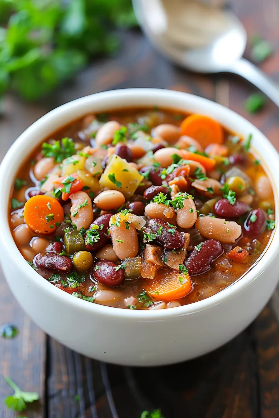 A serving of warm and savory bean soup with a medley of beans and veggies.