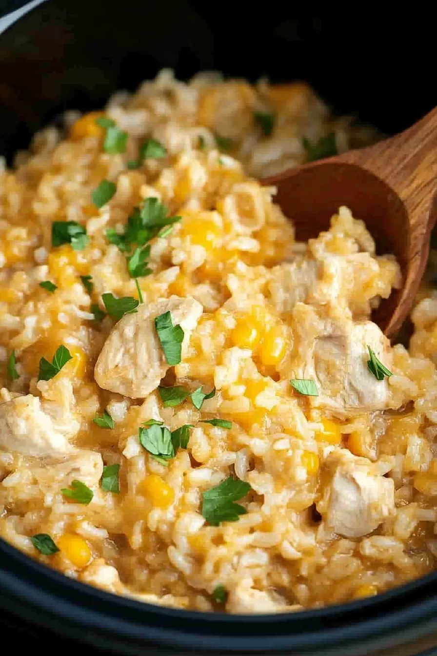 Close-up of creamy chicken and rice garnished with fresh parsley, served straight from a slow cooker.