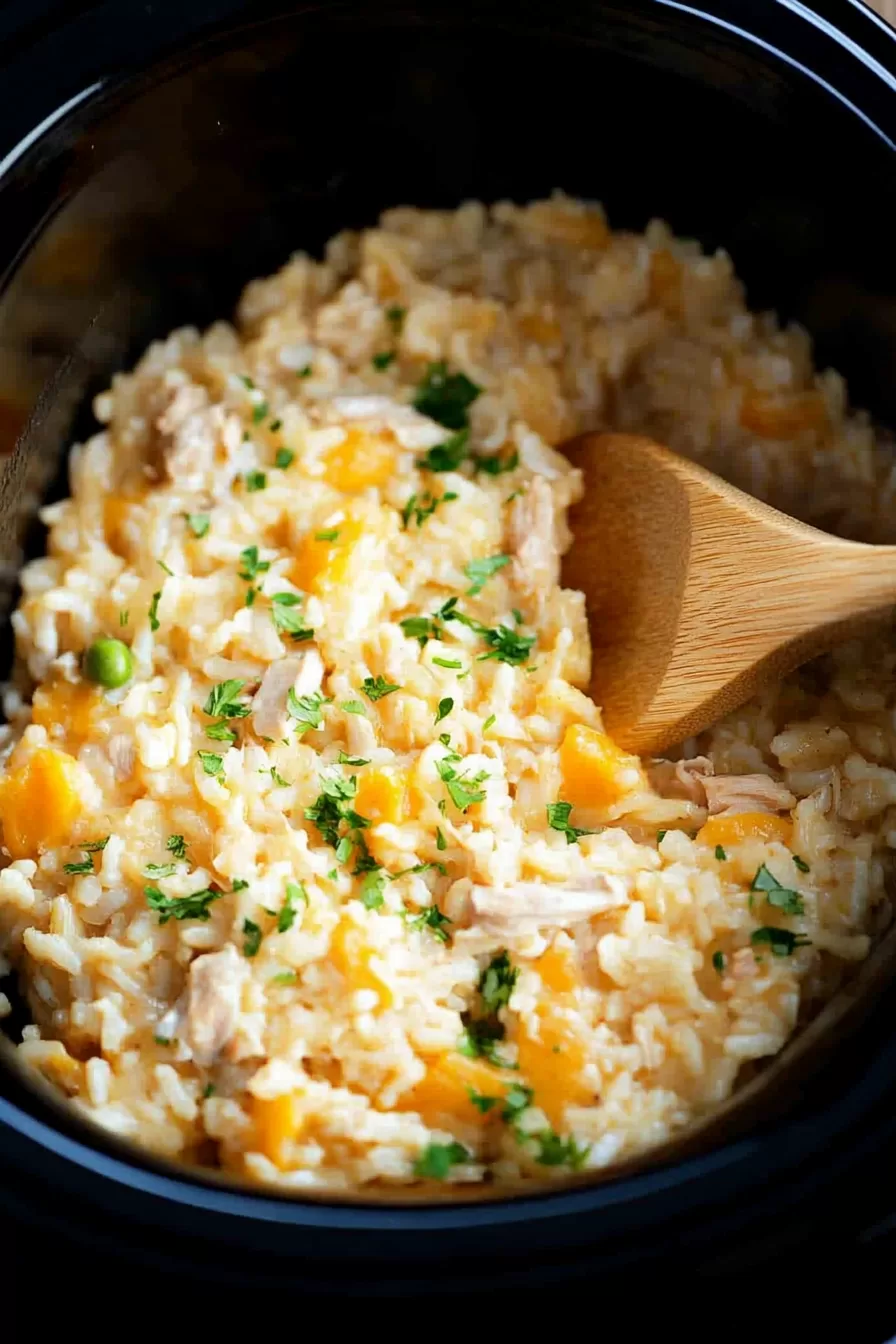 A wooden spoon scooping tender chicken and rice from a crockpot, showcasing the rich and creamy texture.