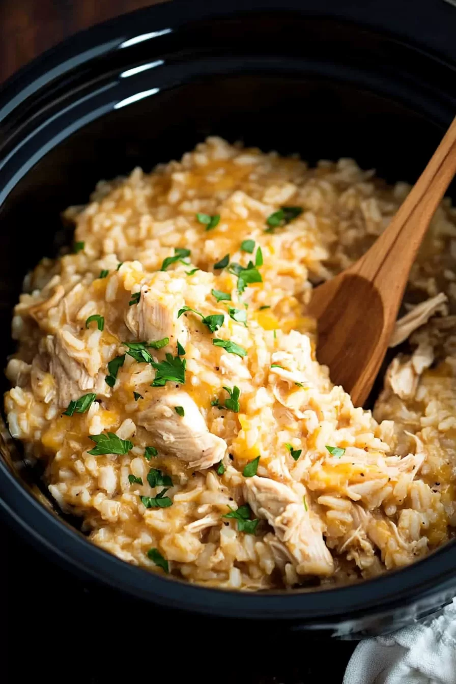 Creamy crockpot chicken and rice, perfectly cooked and ready to serve, with a wooden spoon resting in the dish.