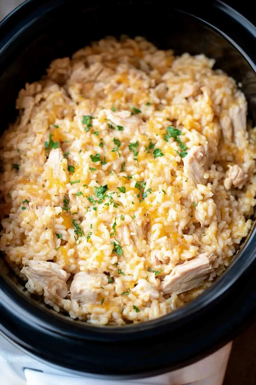 Slow-cooked chicken and rice with melted cheese and a sprinkle of parsley for a hearty meal.