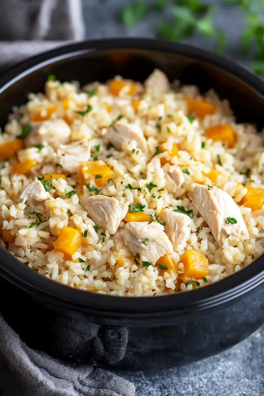 A comforting bowl of chicken and rice with chunks of chicken, sweet corn, and fresh herbs.