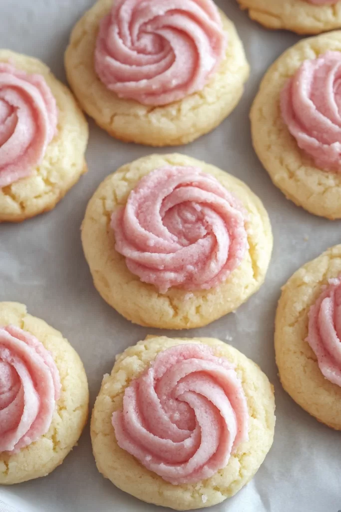 A plate of chilled sugar cookies with decorative pink frosting, perfect for a sweet treat.