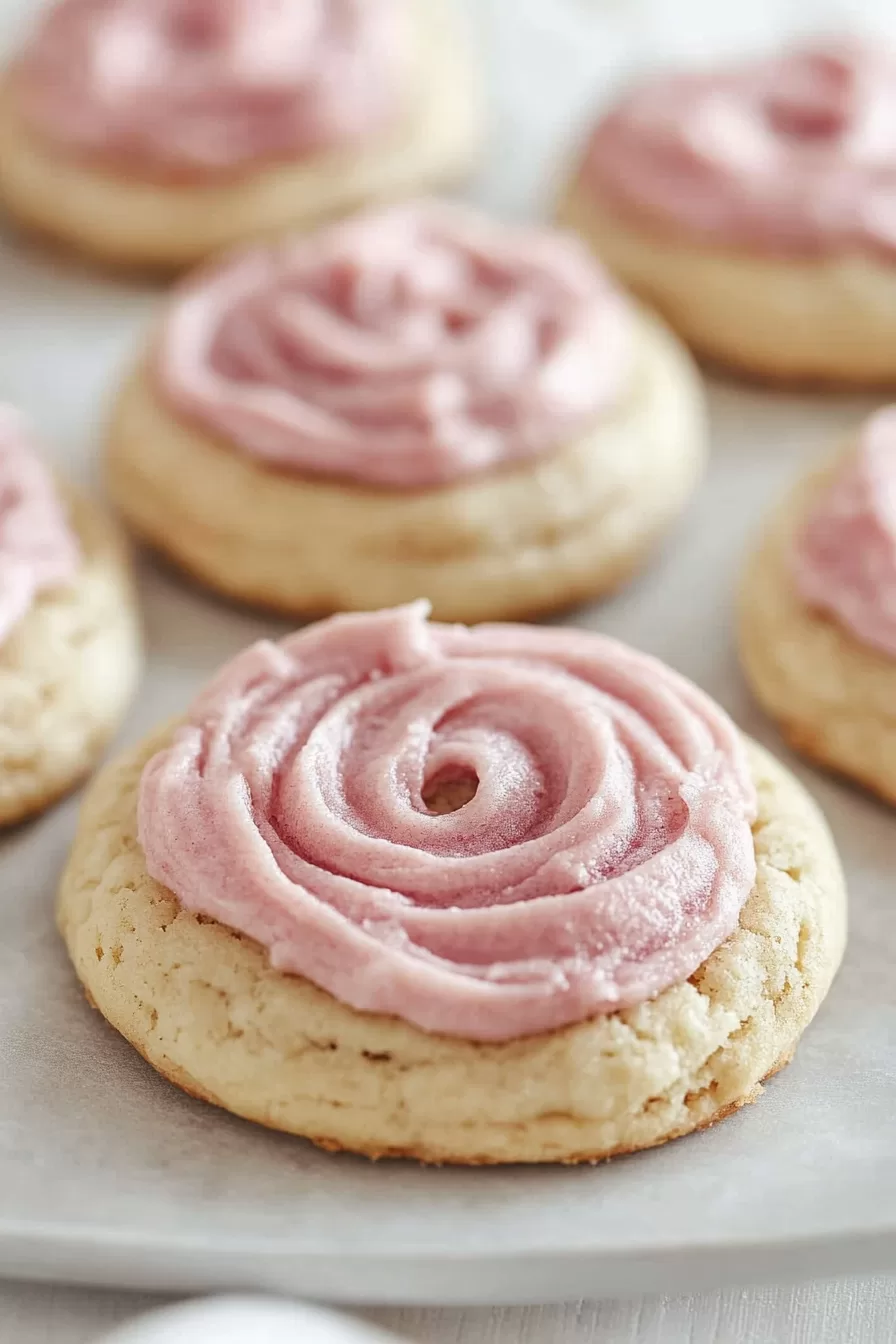 Close-up of soft sugar cookies topped with swirled pink frosting, showcasing their rich, buttery texture.