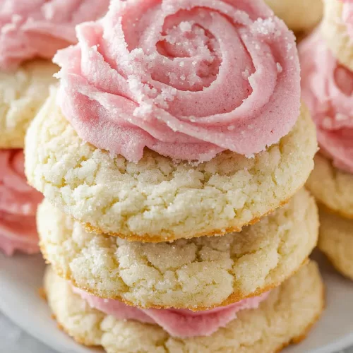 Stacked sugar cookies with a beautiful swirl of pink frosting, highlighting their light and airy crumb.