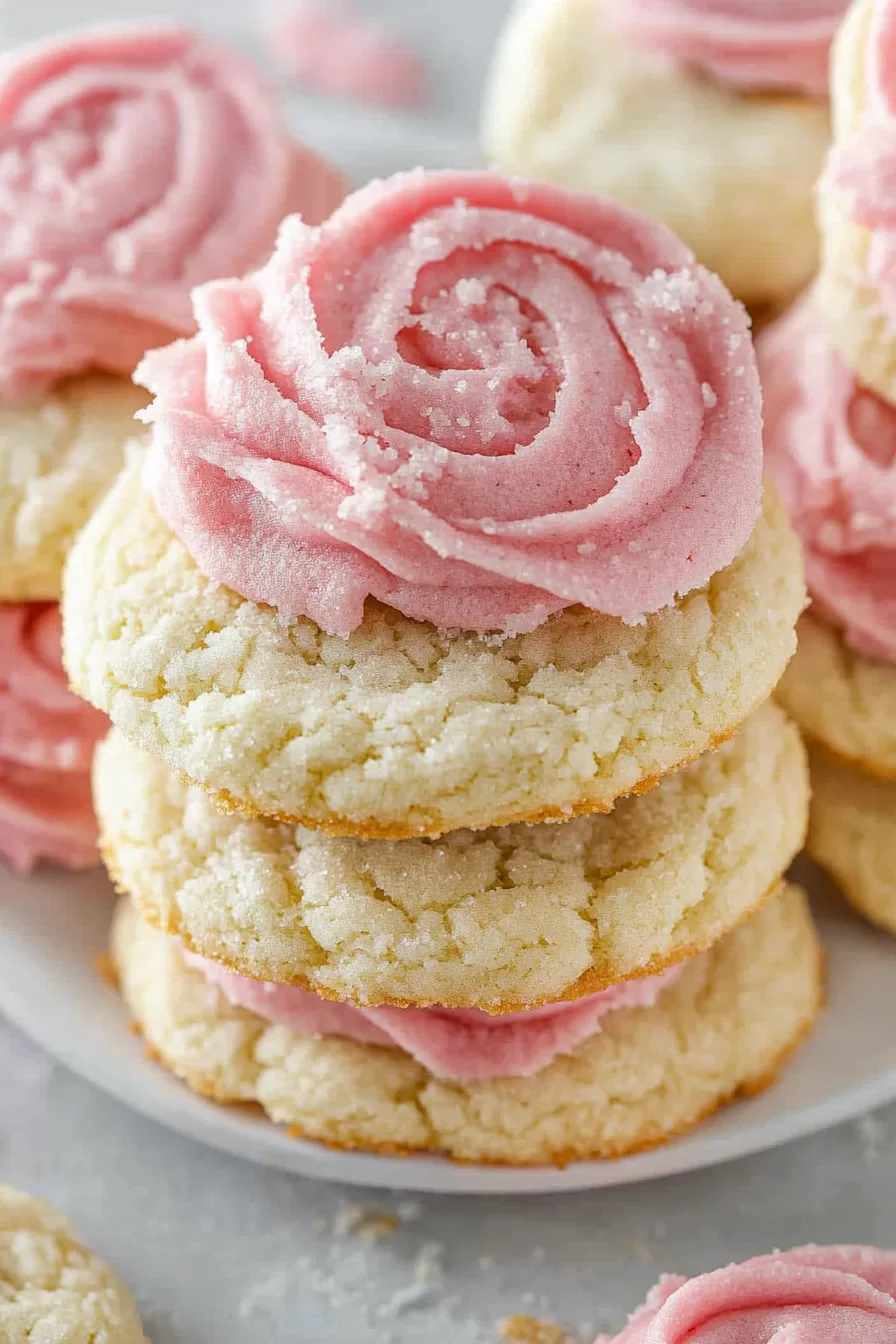 Stacked sugar cookies with a beautiful swirl of pink frosting, highlighting their light and airy crumb.