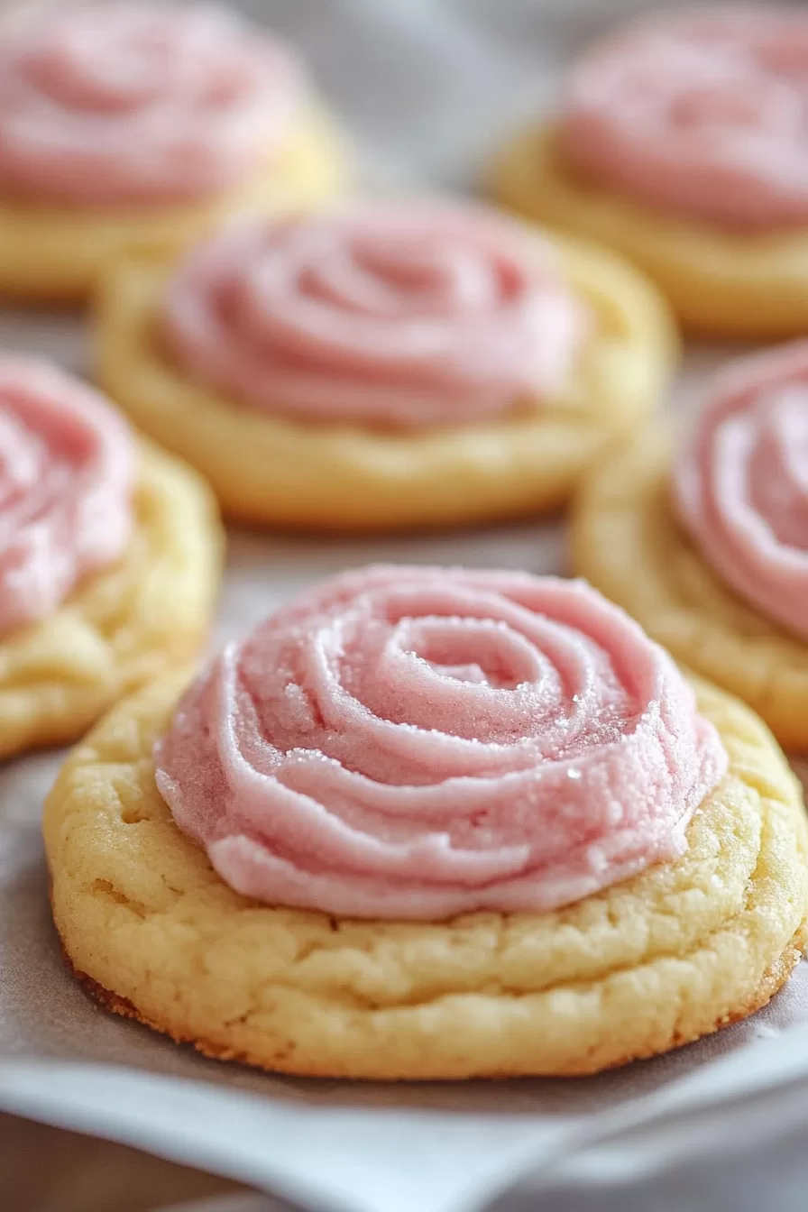 Elegant sugar cookies with creamy pink frosting, an indulgent dessert for any occasion.