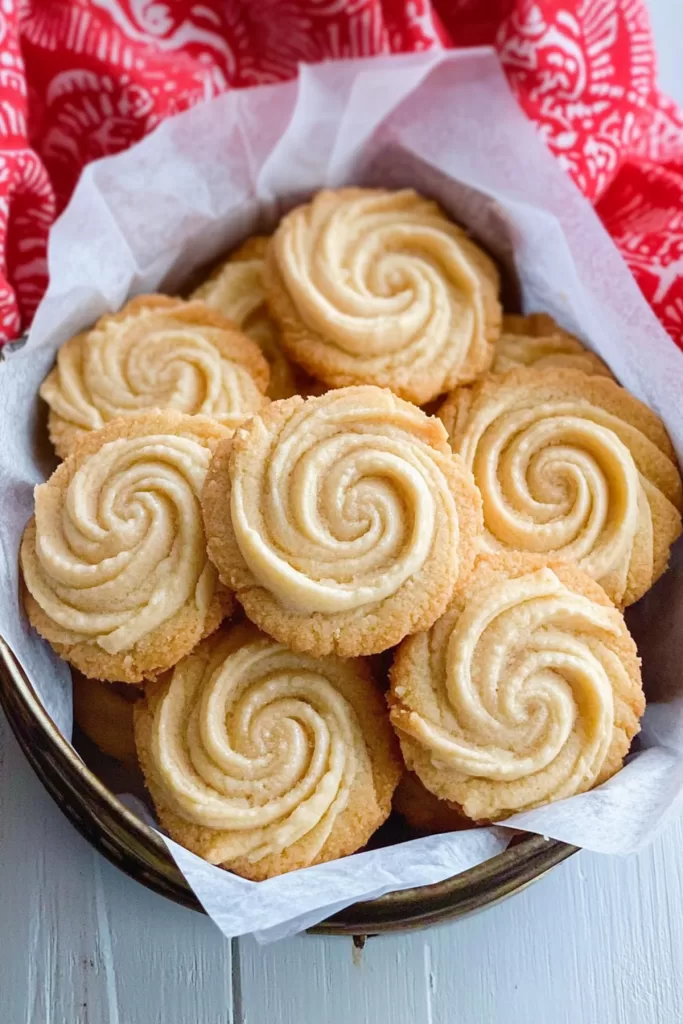 A white plate showcasing perfectly piped Danish butter cookies with a sprinkle of sugar.