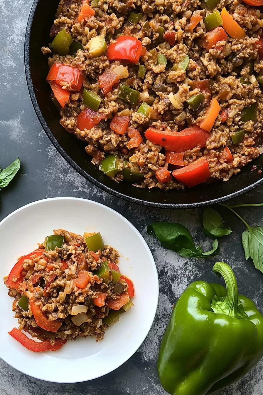 Overhead view of deconstructed stuffed peppers in a black skillet and plate, showcasing the rustic, hearty dish filled with chunks of vegetables and seasoned ground meat.