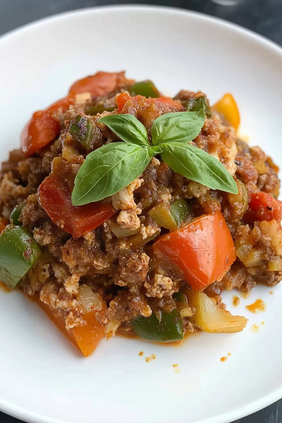 Close-up of colorful deconstructed stuffed peppers featuring red and green bell peppers, ground meat, and rice in a savory tomato sauce, garnished with fresh basil.