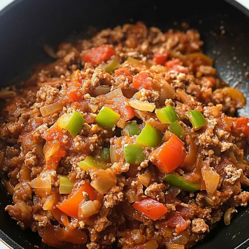 Skillet of deconstructed stuffed peppers with tender bell peppers and ground beef, ready to serve. The vibrant red, green, and orange colors stand out against the black skillet.