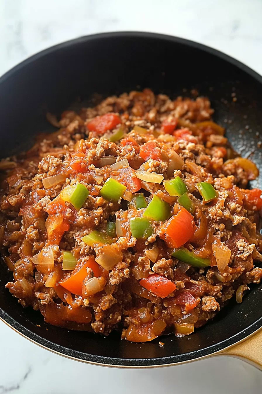 Skillet of deconstructed stuffed peppers with tender bell peppers and ground beef, ready to serve. The vibrant red, green, and orange colors stand out against the black skillet.