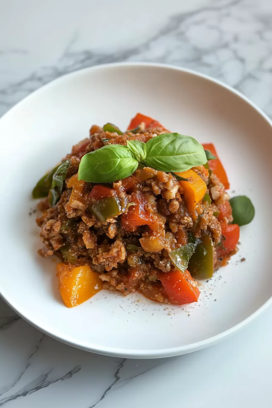 Plate of deconstructed stuffed peppers served on a white dish, topped with fresh basil for an extra pop of color and flavor.