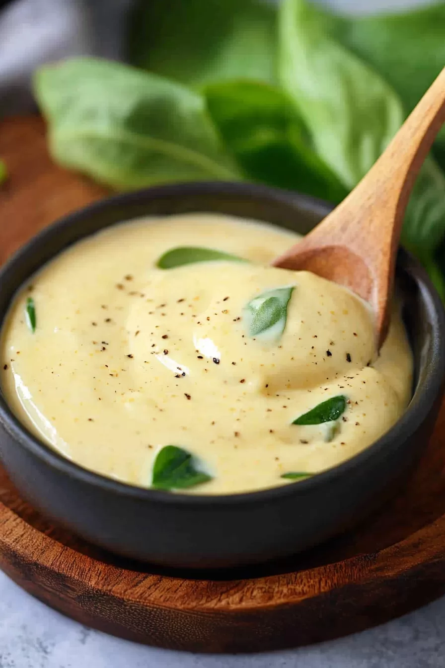 Close-up of smooth, golden Dijonnaise served in a black bowl on a wooden plate.