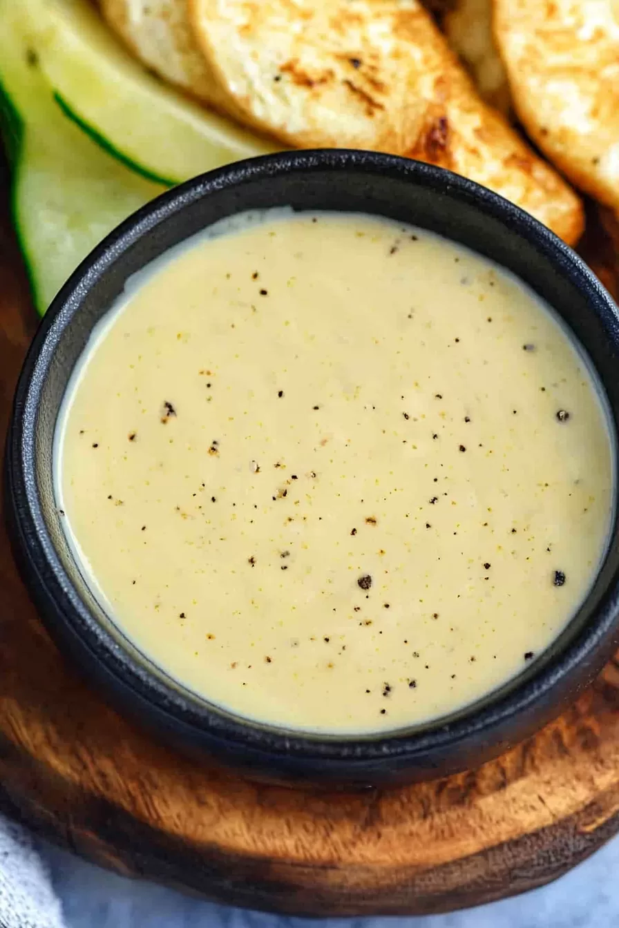 A small serving of Dijonnaise beside grilled vegetables and slices of toasted bread.