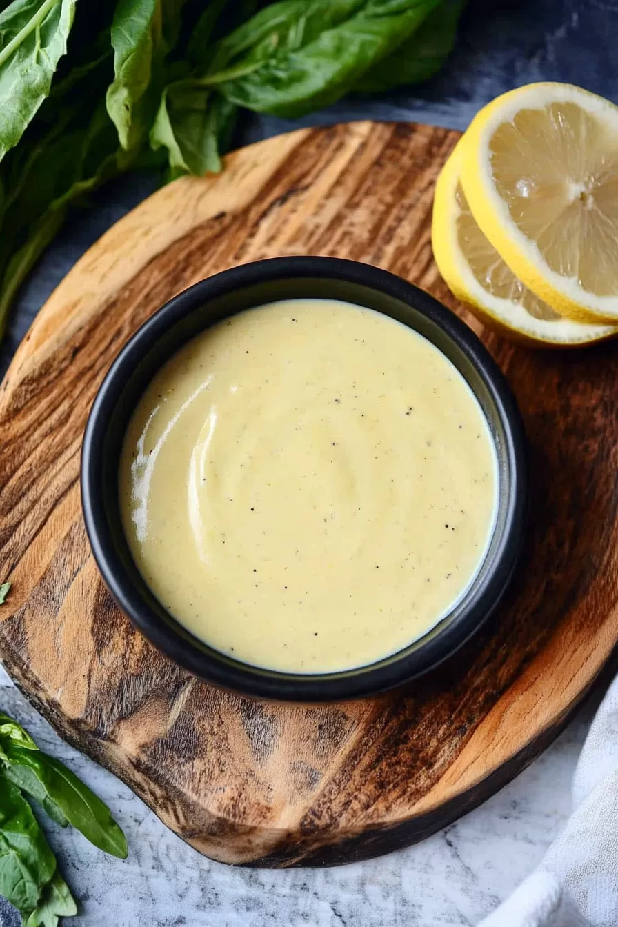 Velvety Dijonnaise in a bowl with lemon slices and fresh basil leaves on the side.