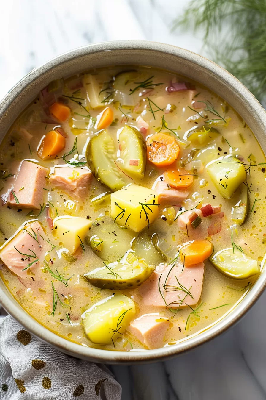 A close-up shot highlighting the hearty ingredients of dill pickle soup, including creamy broth and fresh herbs.