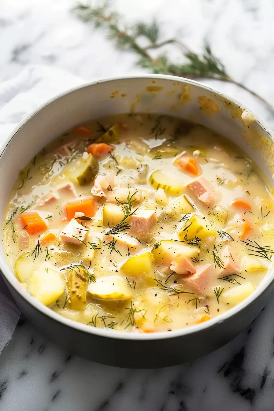 A vibrant bowl of soup featuring chunks of potato, carrots, ham, and slices of dill pickles, garnished with fresh dill.