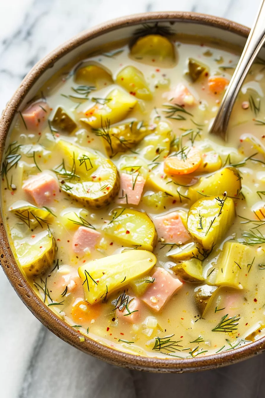 A bowl of warm, creamy soup filled with vegetables, ham, and dill pickles, perfect for cozy evenings.