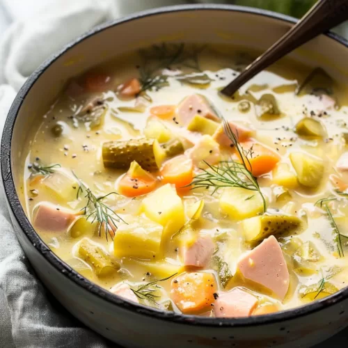 A visually appealing photo of a unique soup with dill pickles, tender vegetables, and a creamy broth, served in a cozy kitchen setting.