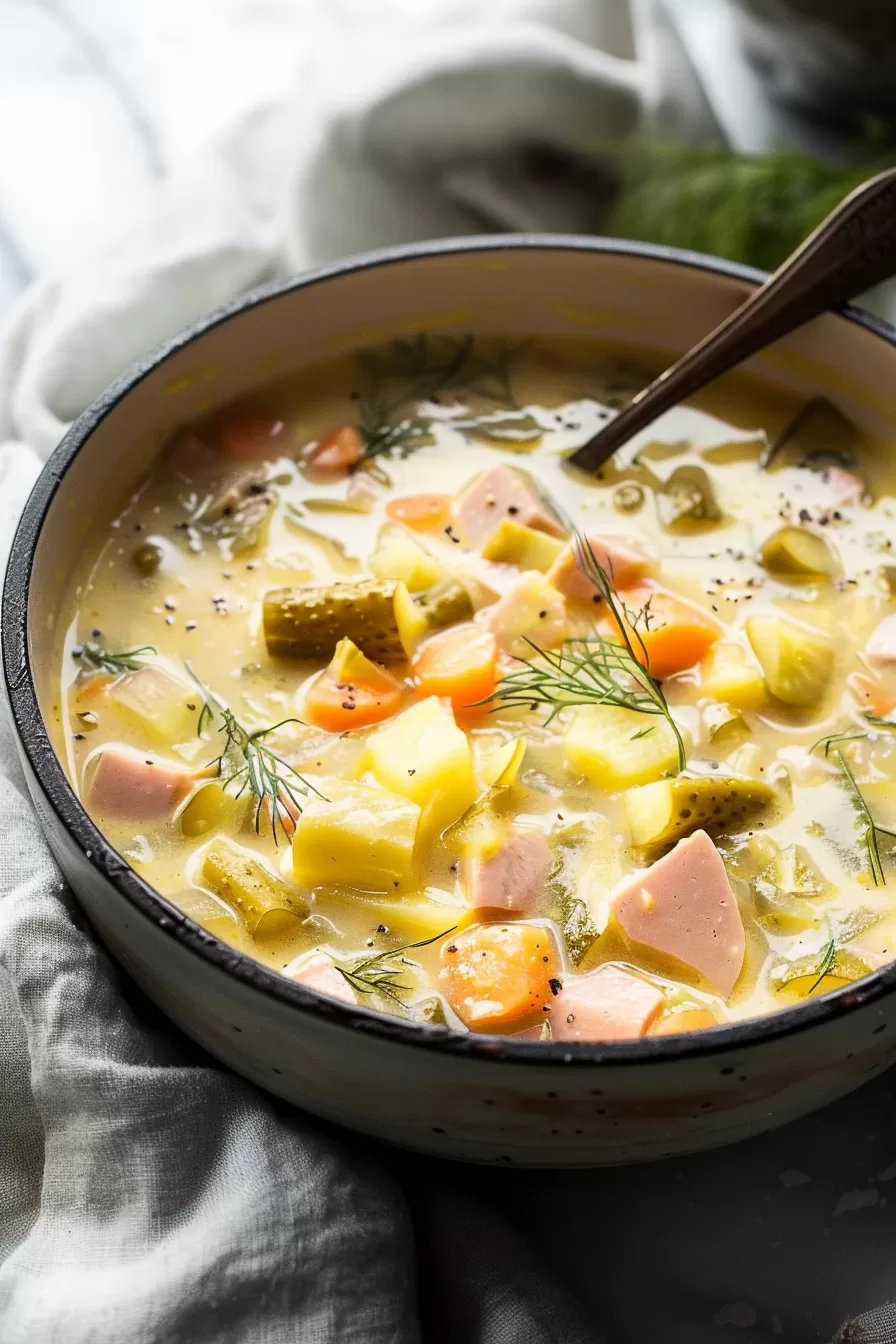 A visually appealing photo of a unique soup with dill pickles, tender vegetables, and a creamy broth, served in a cozy kitchen setting.